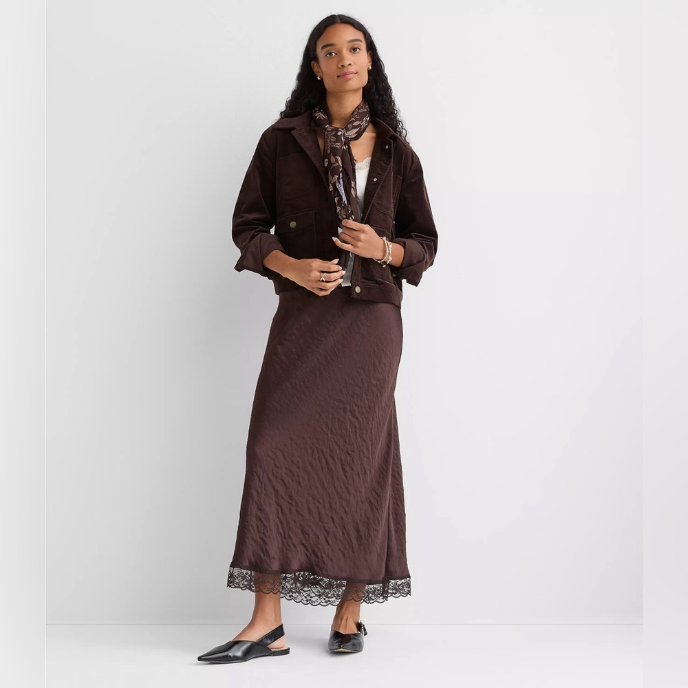 NWT Lace Trim Satin Bias Maxi Skirt in Iced Espresso